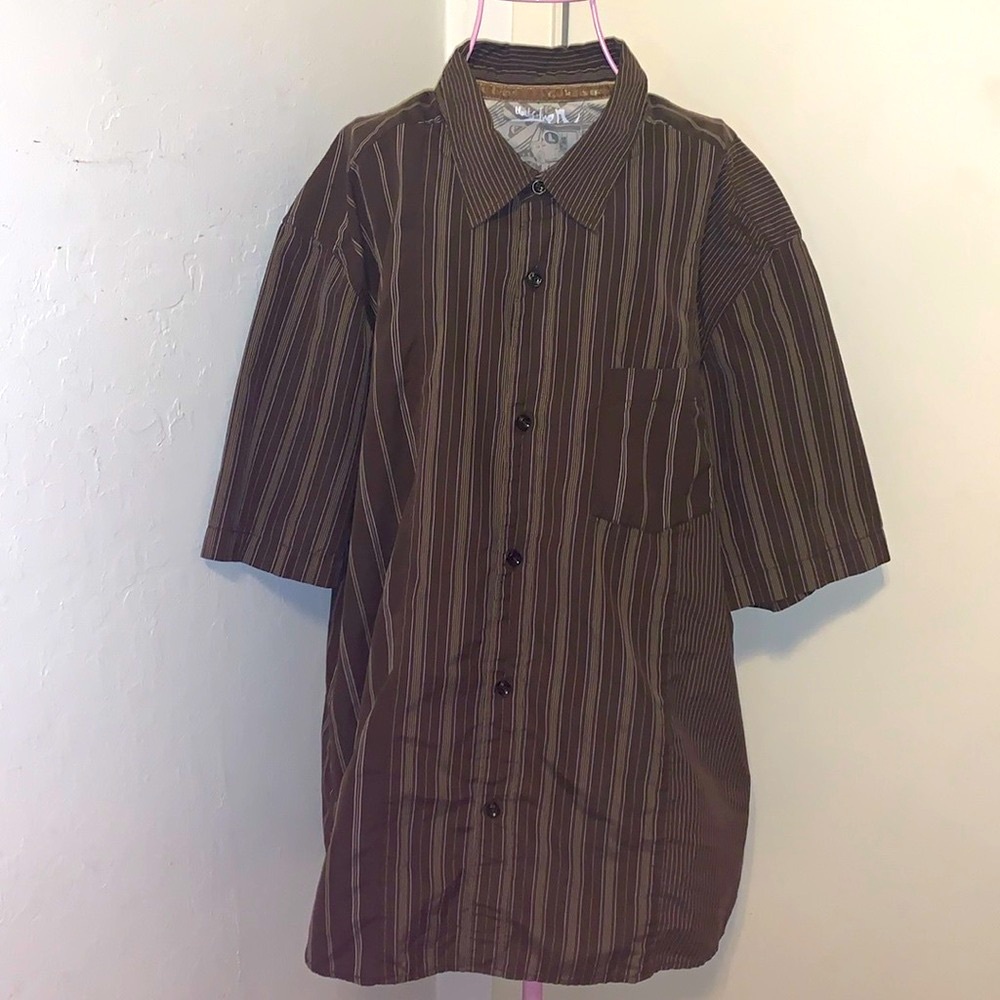 Men's Quicksilver Brown Stripe Quicksilver S/S Shirt- Large As Is